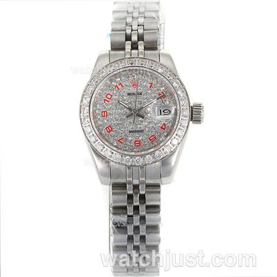 Rolex Datejust Automatic Diamond Bezel and Dial with Red Number Markers S/S-Sapphire Glass