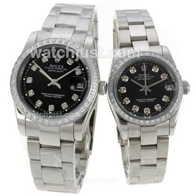 Rolex Datejust Automatic Diamond Bezel Diamond Markers with Black Dial-Sapphire Glass S/S-Couple Watch