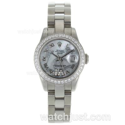 Rolex Datejust Automatic Diamond Bezel Roman Markers with White MOP Dial-Flowers Illustration