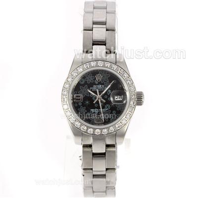 Rolex Datejust Automatic Diamond Bezel with Black Floral Motif Dial-2009 New Version