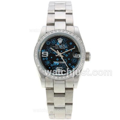 Rolex Datejust Automatic Diamond Bezel with Black Floral Motif Dial-Sapphire Glass S/S-Medium Size