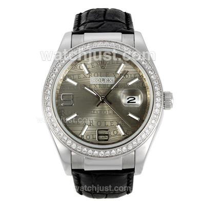 Rolex Datejust Automatic Diamond Bezel with Gray Water-mark Dial-Leather Strap