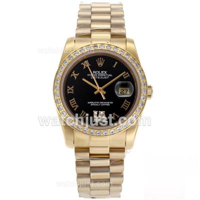 Rolex Datejust Automatic Full Gold Diamond Bezel Roman Markers with Black Dial-Sapphire Glass