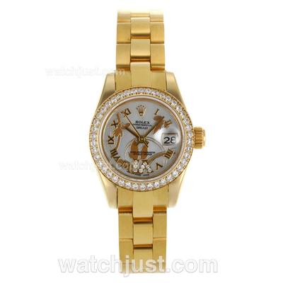 Rolex Datejust Automatic Full Gold Diamond Bezel Roman Markers with White Dial-Flowers Illustration
