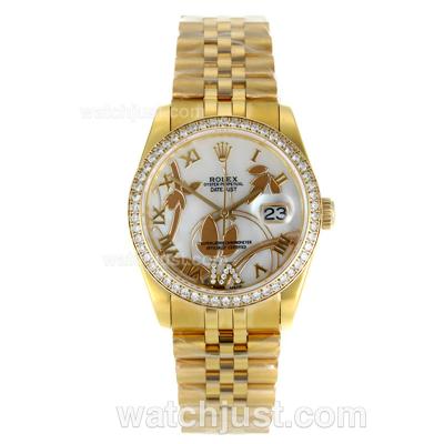 Rolex Datejust Automatic Full Gold Diamond Bezel Roman Markers with White Mop Dial-Flowers Illustration