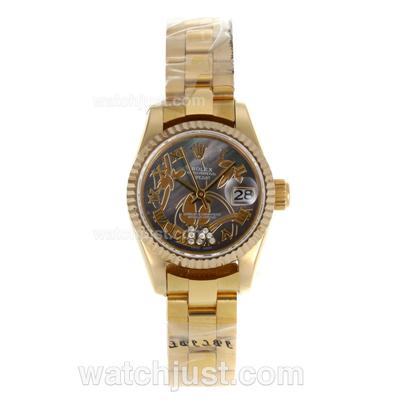 Rolex Datejust Automatic Full Gold Roman Markers with Brown Mop Dial-Flowers Illustration