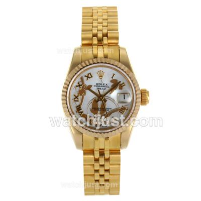 Rolex Datejust Automatic Full Gold Roman Markers with White Dial-Flowers Illustration