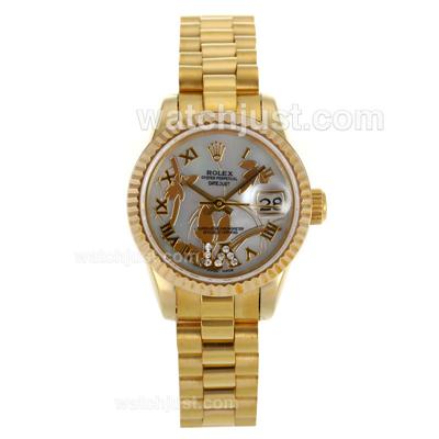 Rolex Datejust Automatic Full Gold Roman Markers with White Mop Dial-Flowers Illustration