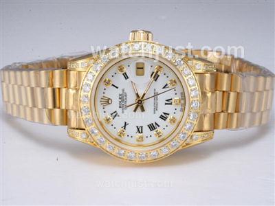 Rolex Datejust Automatic Full Gold with Diamond Bezel-White Dial Lady Size