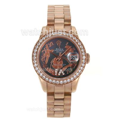 Rolex Datejust Automatic Full Rose Gold Diamond Bezel Roman Markers with Black MOP Dial-Flowers Illustration