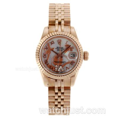 Rolex Datejust Automatic Full Rose Gold Roman Markers with White Mop Dial-Flowers Illustration