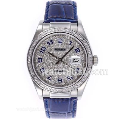 Rolex Datejust Automatic Number Markers with Diamond Bezel and Dial-Blue Leather Strap