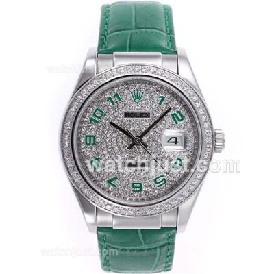 Rolex Datejust Automatic Number Markers with Diamond Bezel and Dial-Green Leather Strap