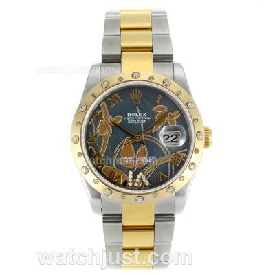 Rolex Datejust Automatic Two Tone Diamond Bezel Roman Markers with Black MOP Dial-Flowers Illustration