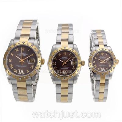 Rolex Datejust Automatic Two Tone Diamond Bezel Roman Markers with Brown Dial-Sapphire Glass