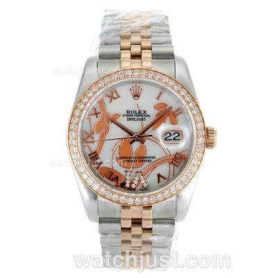 Rolex Datejust Automatic Two Tone Diamond Bezel Roman Markers with White Dial-Flowers Illustration