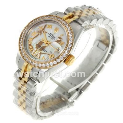 Rolex Datejust Automatic Two Tone Diamond Bezel Roman Markers with White MOP Dial-Flowers Illustration