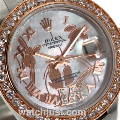 Rolex Datejust Automatic Two Tone Diamond Bezel Roman Markers with White MOP Dial-Flowers Illustration