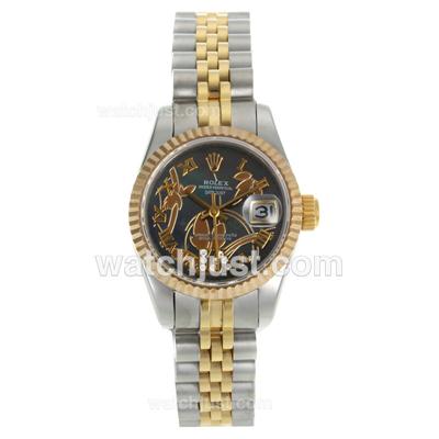 Rolex Datejust Automatic Two Tone Roman Markers with Black MOP Dial-Flowers Illustration