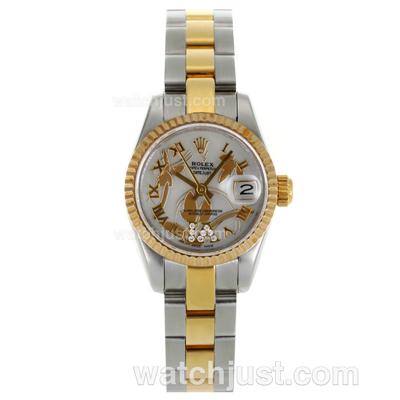 Rolex Datejust Automatic Two Tone Roman Markers with White Dial-Flowers Illustration