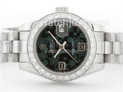 Rolex Datejust Automatic with Black Floral Motif Dial with Diamond Bezel-2009 New Version