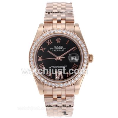 Rolex Datejust II Automatic Full Rose Gold Diamond Bezel Roman Markers with Black Dial-Sapphire Glass