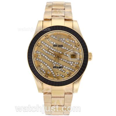 Rolex Datejust II Automatic Gold Case Diamond Markers with Black Ruby Bezel-Royal Golden Design Diamond Crested Dial