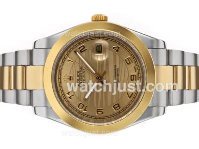 Rolex Datejust II Automatic Two Tone Number Markers with Golden Wave Dial