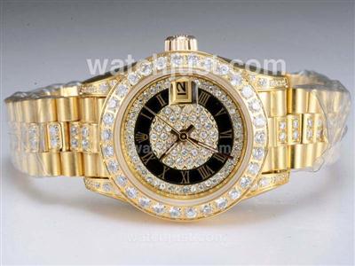 Rolex Datejust Swiss ETA 2671 Movement Full Gold with Diamond Bezel and Dial-Black Lady Size