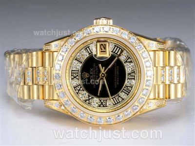 Rolex Datejust Swiss ETA 2671 Movement Full Gold with Diamond Bezel and Marking-Black Dial Lady Size