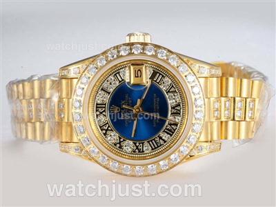 Rolex Datejust Swiss ETA 2671 Movement Full Gold with Diamond Bezel and Marking-Blue Dial Lady Size