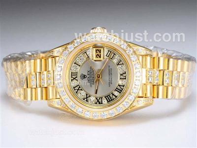Rolex Datejust Swiss ETA 2671 Movement Full Gold with Diamond Bezel and Marking-Gray Dial Lady Size
