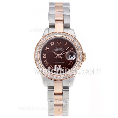 Rolex Datejust Swiss ETA 2671 Movement Two Tone Diamond Bezel Roman Markers with Brown Dial S/S-Lady Size