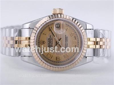 Rolex Datejust Swiss ETA 2671 Movement Two Tone with Golden Wave Dial-Number Marking Lady Size