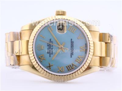 Rolex Datejust Swiss ETA 2836 Full Gold Blue MOP Dial with Roman Marking-Mid Size