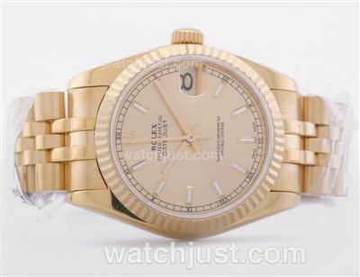 Rolex Datejust Swiss ETA 2836 Full Gold Golden Dial with Stick Marking--Mid Size