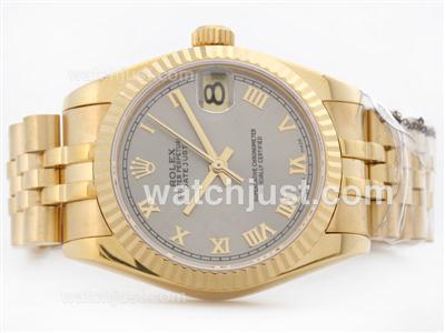 Rolex Datejust Swiss ETA 2836 Full Gold Gray Dial with Roman Marking-Mid Size