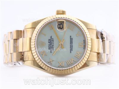 Rolex Datejust Swiss ETA 2836 Full Gold light Green MOP Dial with Roman Marking-Mid Size