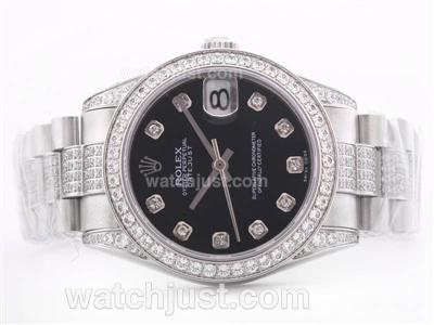 Rolex Datejust Swiss ETA 2836 Movement Black Dial With Diamond Marking & Bezel -Mid Size