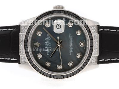 Rolex Datejust Swiss ETA 2836 Movement Black Ruby Bezel Diamond Markers with Black MOP Dial-Leather Strap