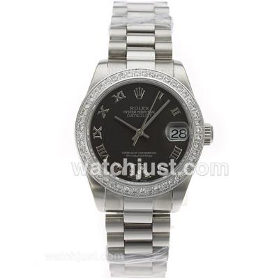 Rolex Datejust Swiss ETA 2836 Movement Diamond Bezel Roman Markers with Black Dial S/S-Mid Size