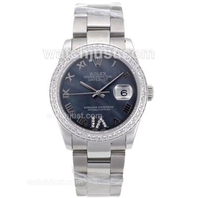 Rolex Datejust Swiss ETA 2836 Movement Diamond Bezel Roman Markers with Black Mop Dial S/S-Mid Size