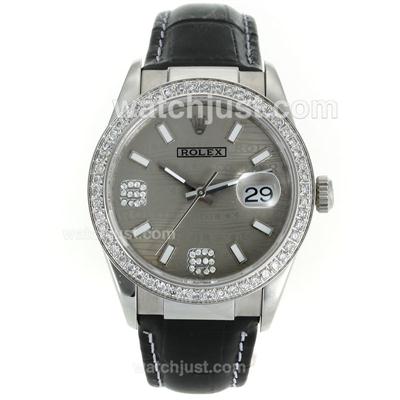 Rolex Datejust Swiss ETA 2836 Movement Diamond Bezel with Gray Watermark Dial-Leather Strap