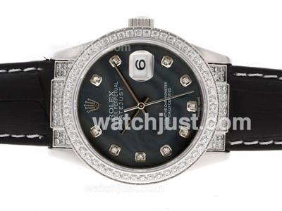 Rolex Datejust Swiss ETA 2836 Movement Diamond Markers and Bezel with Black MOP Dial-Leather Strap