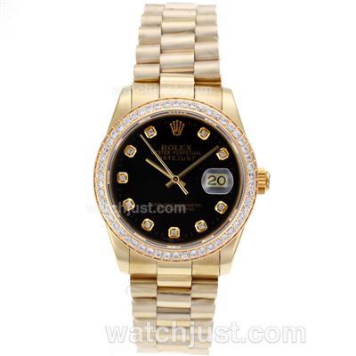 Rolex DateJust Swiss ETA 2836 Movement Full Gold Black Dial with Diamond Marking & Bezel