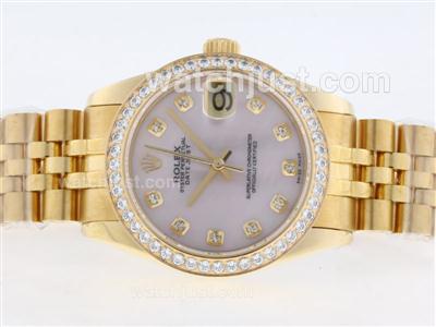 Rolex Datejust Swiss ETA 2836 Movement Full Gold Diamond Marking and Bezel with Pink Dial