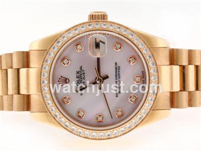 Rolex Datejust Swiss ETA 2836 Movement Full Gold Diamond Marking and Bezel with Pink MOP Dial