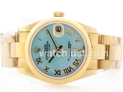 Rolex DateJust Swiss ETA 2836 Movement Full Gold With Blue MOP Dial -Roman Marking