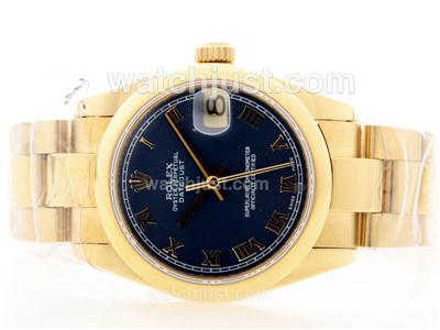 Rolex DateJust Swiss ETA 2836 Movement Full Gold With Dark Blue Dial -Roman Marking