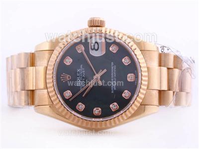 Rolex DateJust Swiss ETA 2836 Movement Full Rose Gold Black Dial with Diamond Marking-Mid Size